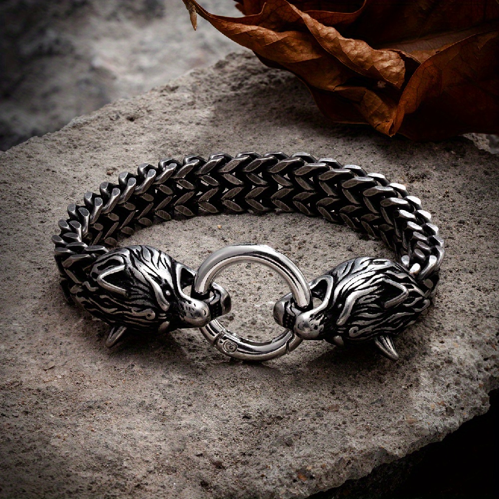 Men's Viking Celtic Wolf Head Mesh Chain Bracelet